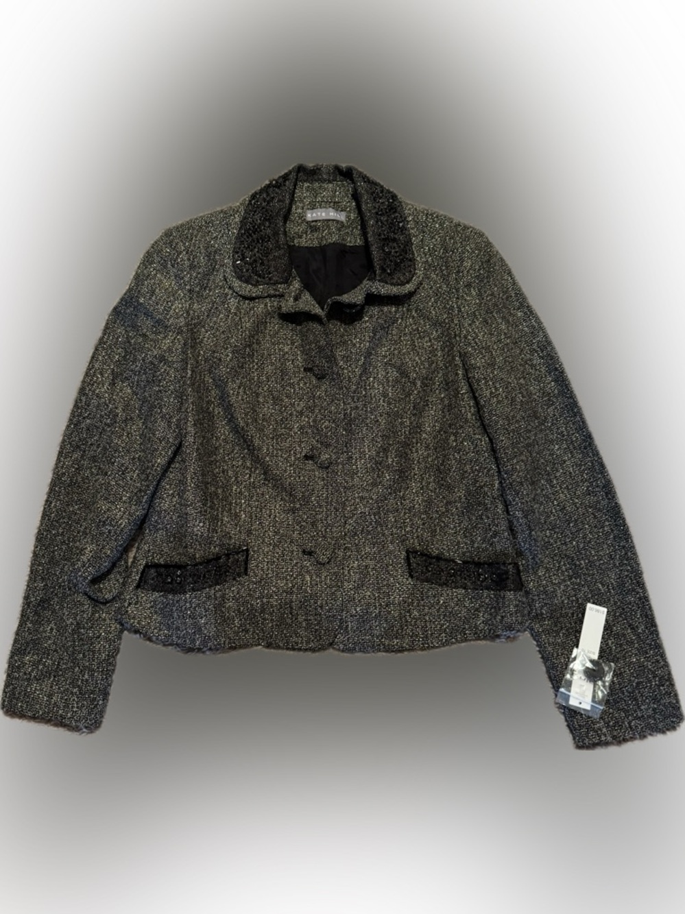NWT Kate Hill Sz 10 Grey Black Gold Tweed Blazer with Beaded Accents